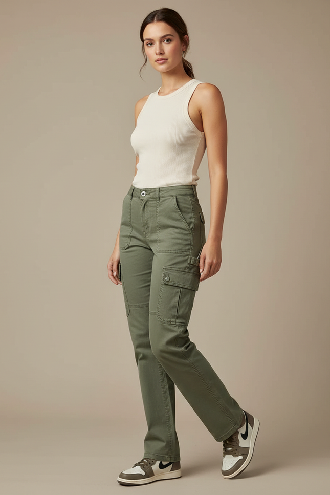 Pantalon Cargo Vert Kaki Coton Multipoches Décontracté Femme