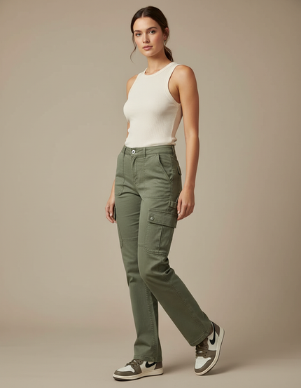 Pantalon Cargo Vert Kaki Coton Multipoches Décontracté Femme