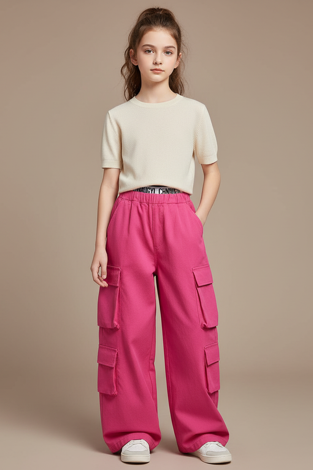 Pantalon Cargo Rose Large Poches Fille Coton - Molleton