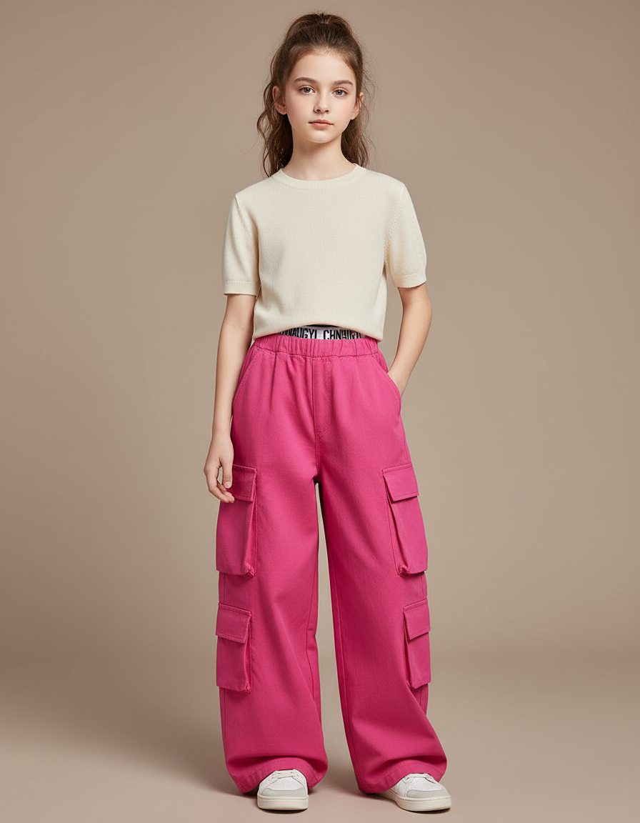 Pantalon Cargo Rose Large Poches Fille Coton - Molleton