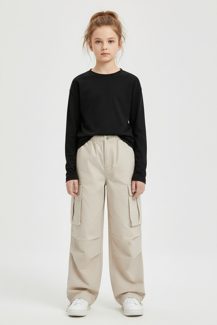 Pantalon Cargo Beige Décontracté Ample Enfant Multipoches - Gabardine
