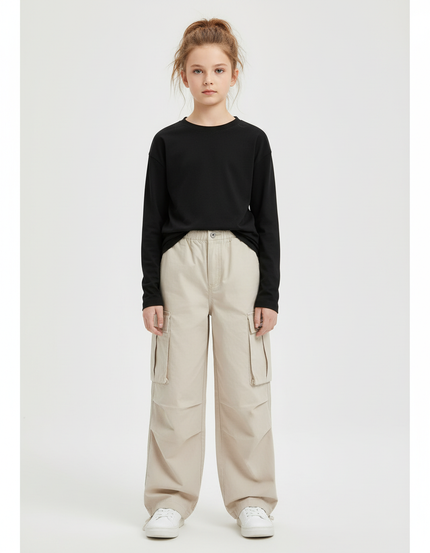 Pantalon Cargo Beige Décontracté Ample Enfant Multipoches - Gabardine