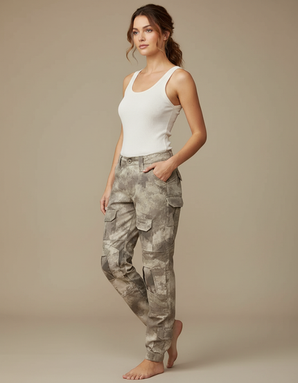 Pantalon Cargo Camouflage Militaire Coton Jambes Fuselées - Imprimé Toile