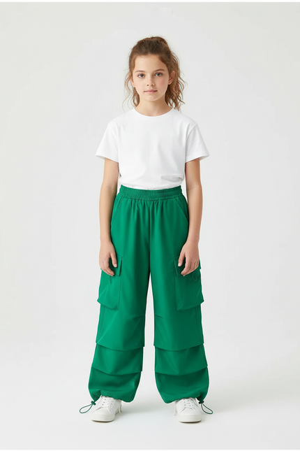 Pantalon Cargo Vert Ample Multipoches Fille - Polyester