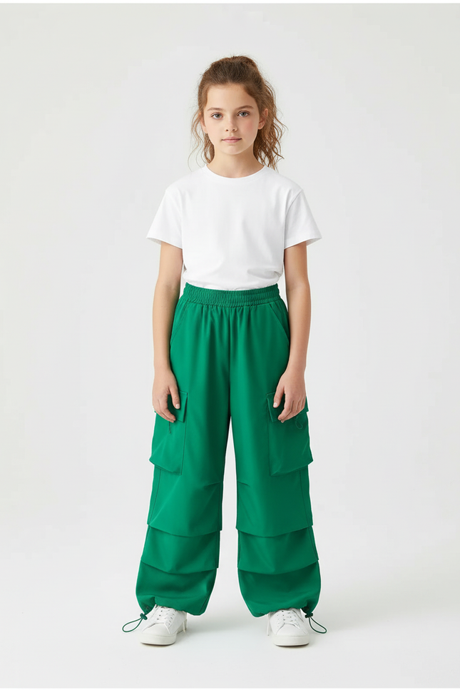 Pantalon Cargo Vert Ample Multipoches Fille - Polyester