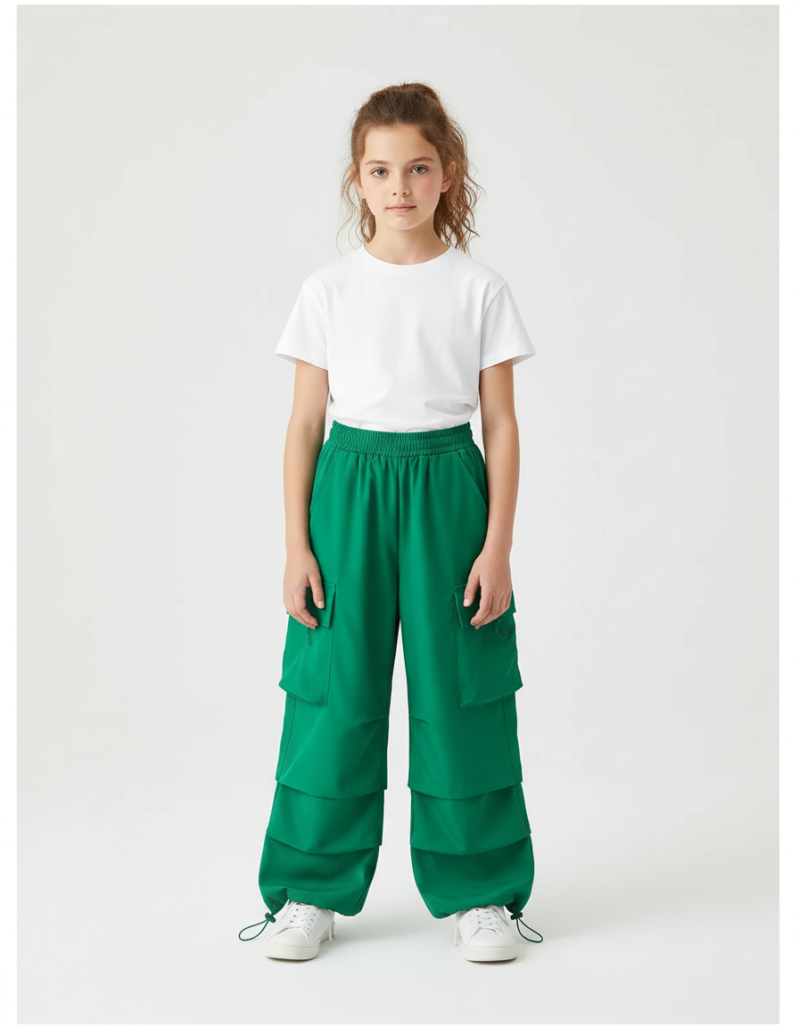 Pantalon Cargo Vert Ample Multipoches Fille - Polyester
