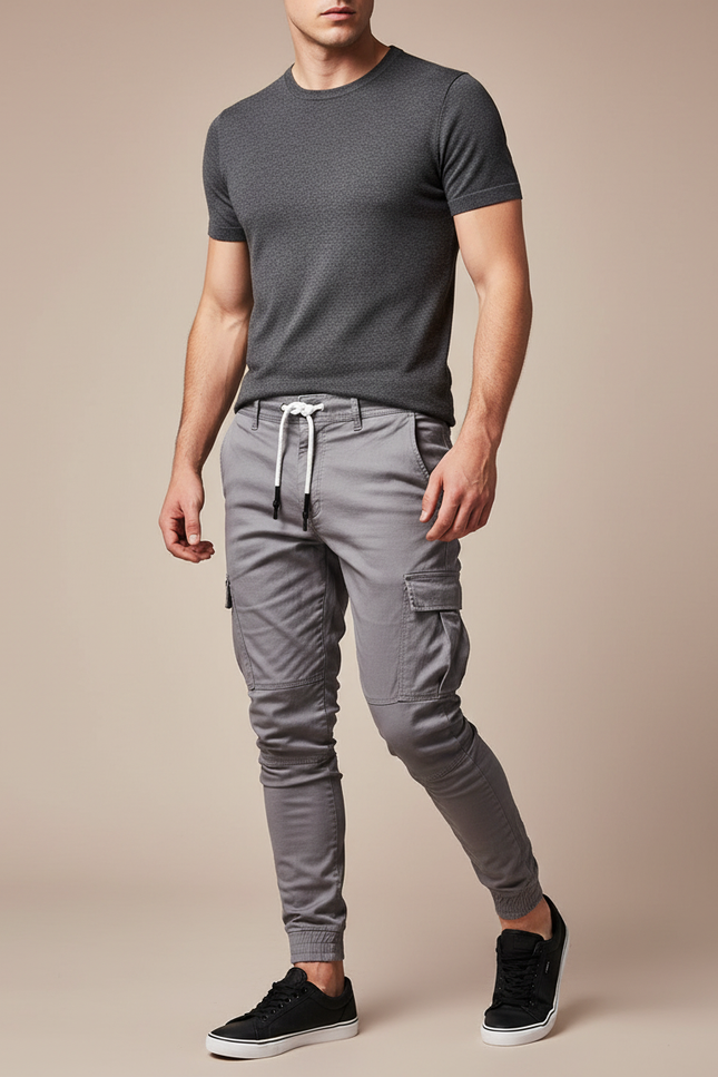 Pantalon Cargo Gris Slim Multipoches Cordon Homme - Gabardine