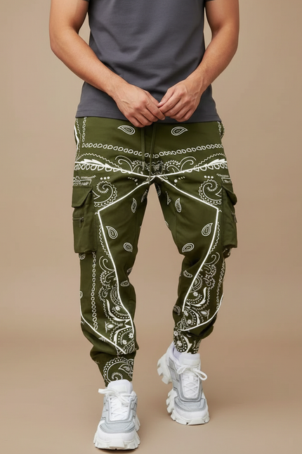 Pantalon Cargo Kaki Bandana Réfléchissant Ample Streetwear - Toile