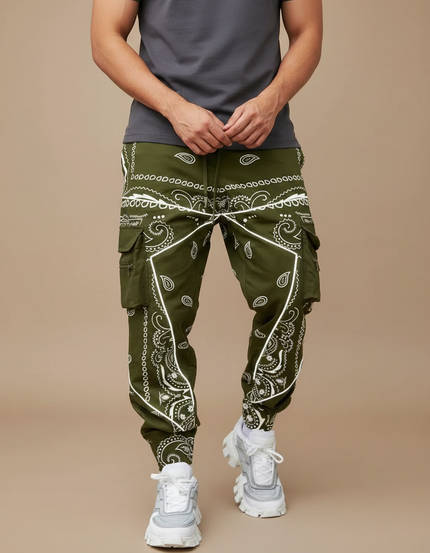 Pantalon Cargo Kaki Bandana Réfléchissant Ample Streetwear - Toile