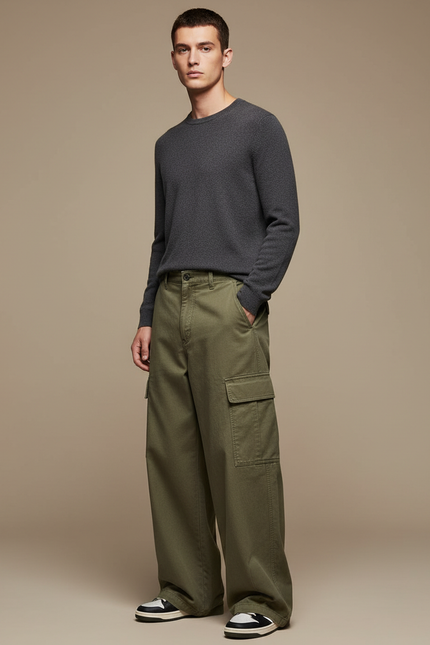 Pantalon Cargo Vert Kaki Ample Coton Décontracté Homme