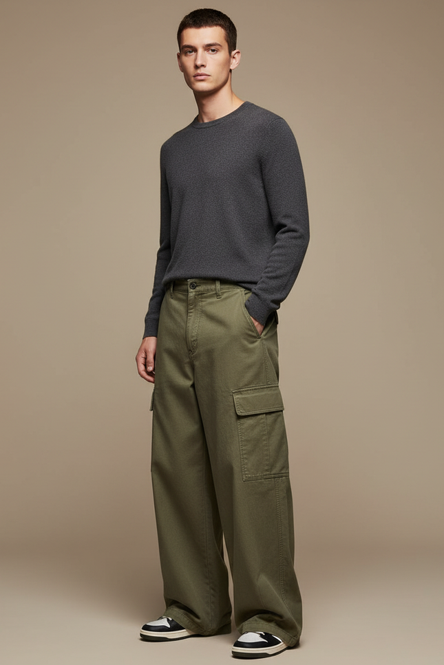 Pantalon Cargo Vert Kaki Ample Coton Décontracté Homme