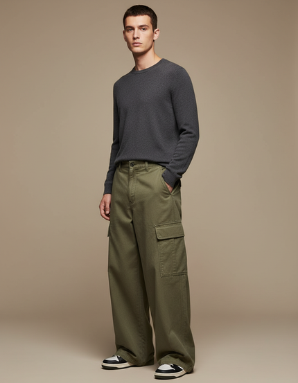 Pantalon Cargo Vert Kaki Ample Coton Décontracté Homme