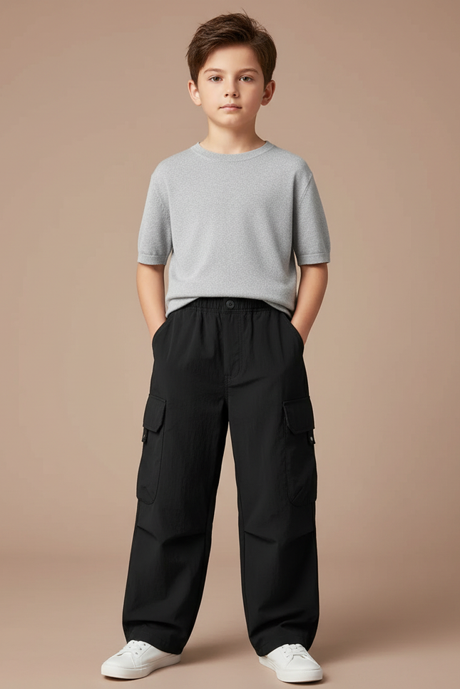 Pantalon Cargo Noir Décontracté Ample Enfant Garçon - Polyester