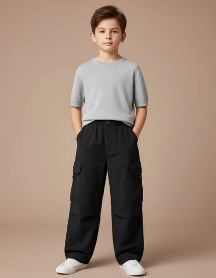 Pantalon Cargo Noir Décontracté Ample Enfant Garçon - Polyester