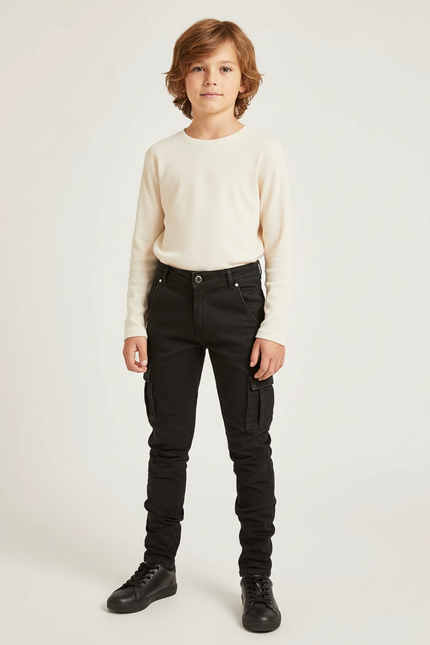 Pantalon Cargo Noir Slim Coton Multipoches Enfant