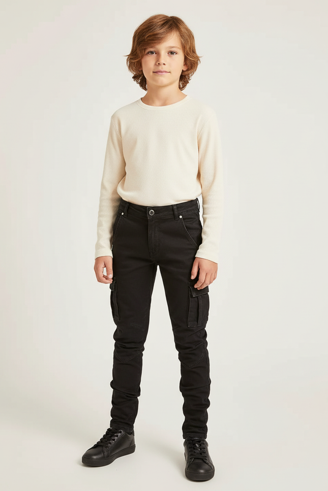 Pantalon Cargo Noir Slim Coton Multipoches Enfant