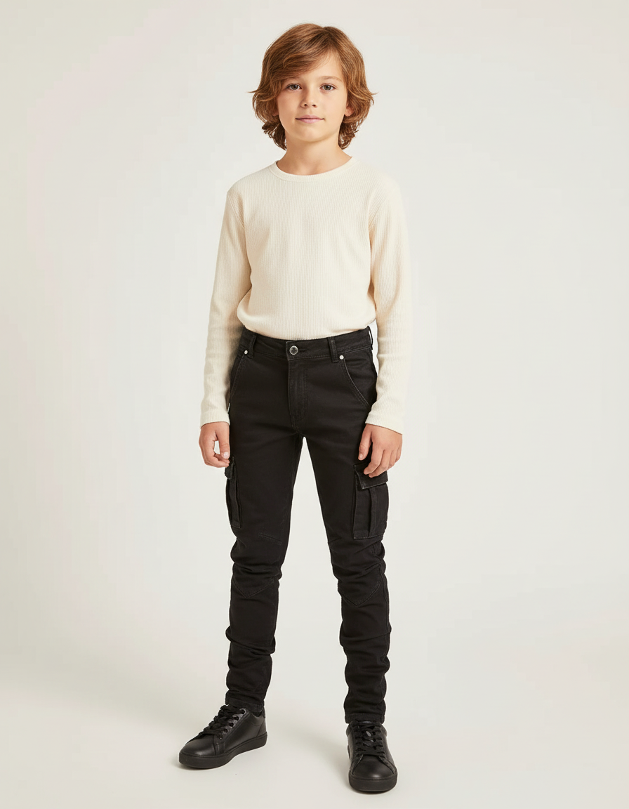 Pantalon Cargo Noir Slim Coton Multipoches Enfant