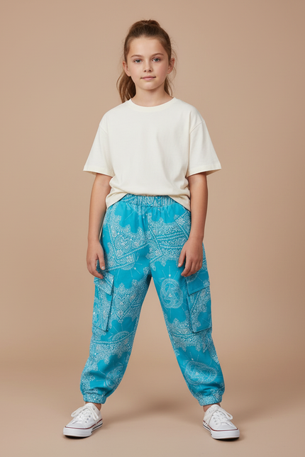 Pantalon Cargo Bleu Turquoise Ample Motif Paisley Enfant - Coton
