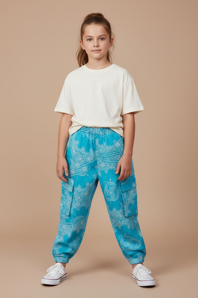 Pantalon Cargo Bleu Turquoise Ample Motif Paisley Enfant - Coton