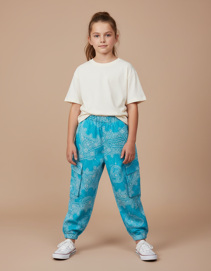 Pantalon Cargo Bleu Turquoise Ample Motif Paisley Enfant - Coton