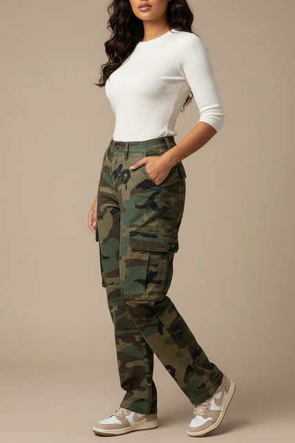 Pantalon Cargo Camouflage Militaire Ample Taille Haute - Multicolore Toile