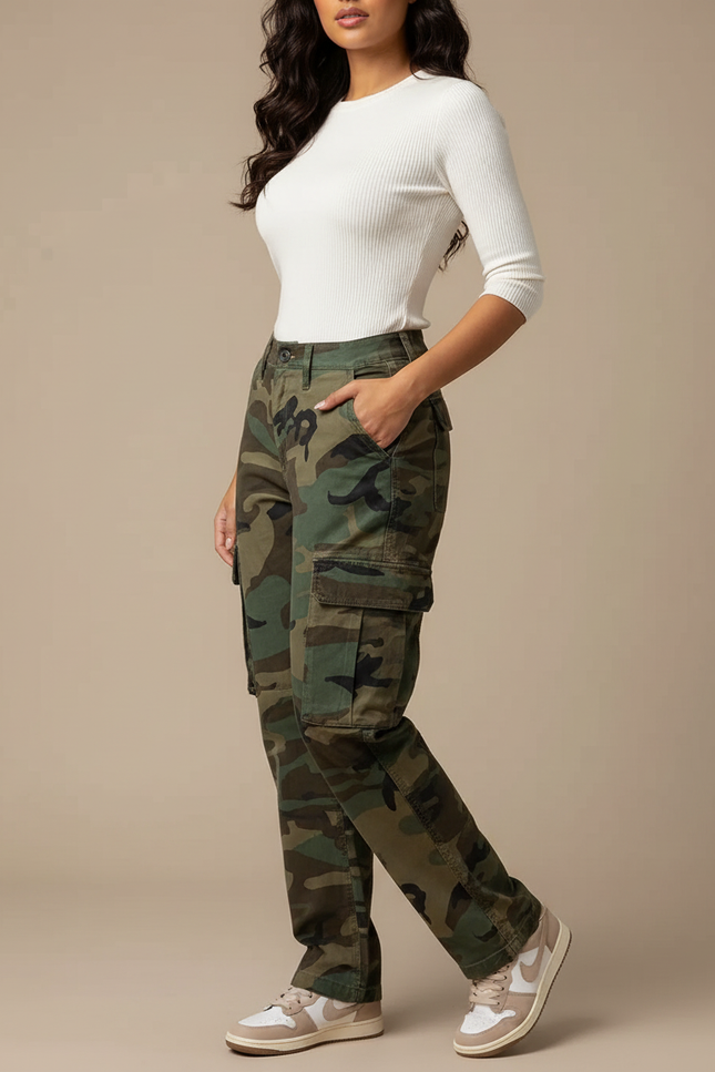 Pantalon Cargo Camouflage Militaire Ample Taille Haute - Multicolore Toile