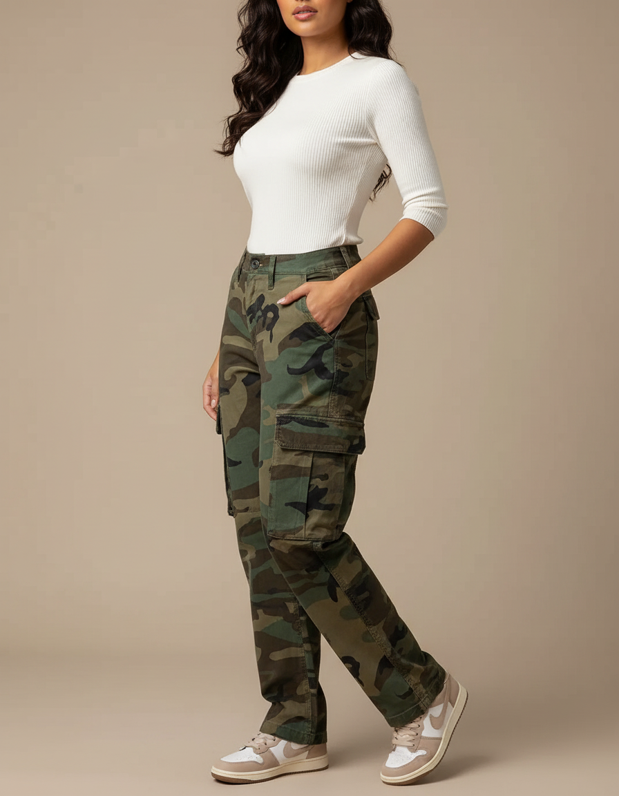 Pantalon Cargo Camouflage Militaire Ample Taille Haute - Multicolore Toile