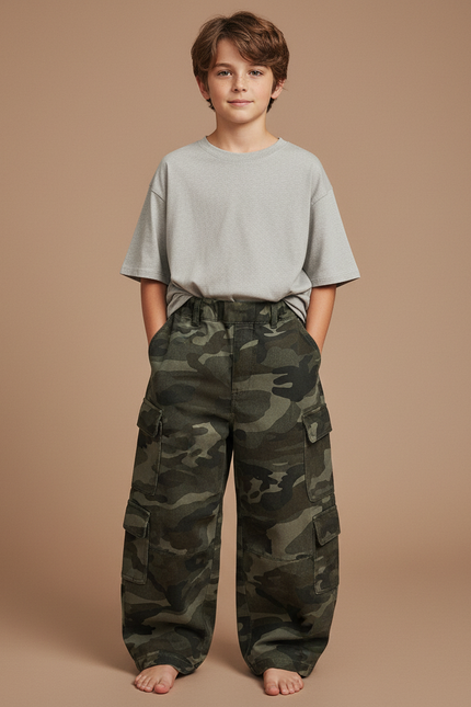Pantalon Cargo Camouflage Ample Enfant Molletonné Décontracté - Multicolore
