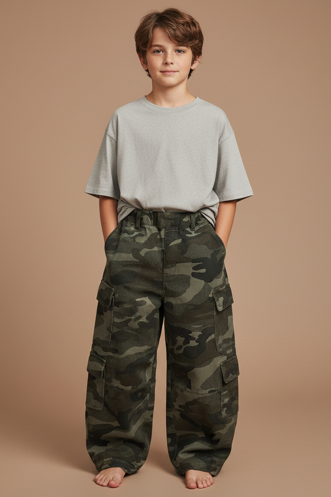 Pantalon Cargo Camouflage Ample Enfant Molletonné Décontracté - Multicolore
