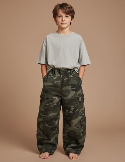 Pantalon Cargo Camouflage Ample Enfant Molletonné Décontracté - Multicolore