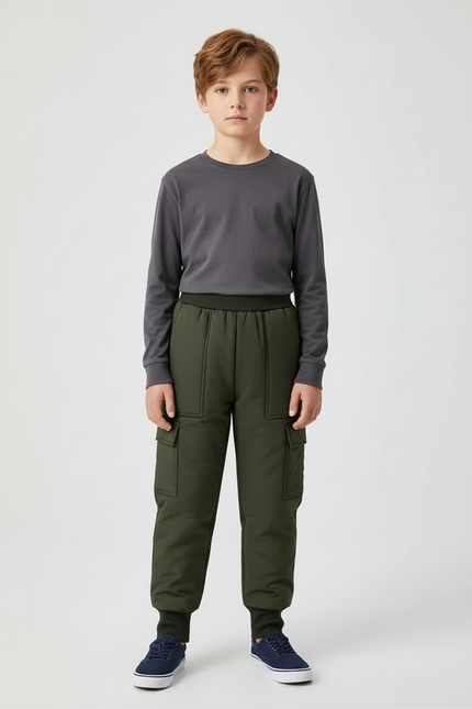 Pantalon Cargo Vert Militaire Matelassé Enfant - Kaki Polyester