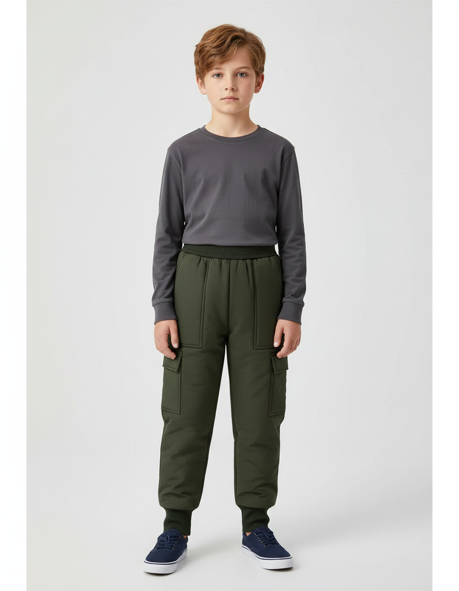 Pantalon Cargo Vert Militaire Matelassé Enfant - Kaki Polyester
