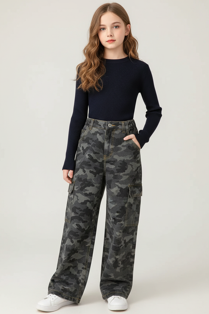 Pantalon Cargo Camouflage Ample Multipoches Denim Enfant - Multicolore Jean