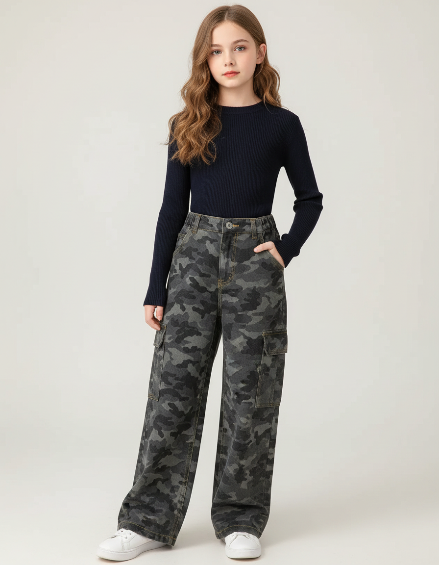 Pantalon Cargo Camouflage Ample Multipoches Denim Enfant - Multicolore Jean
