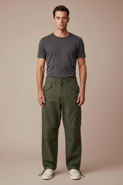 Pantalon Cargo Vert Militaire Ample Coton Sateen Homme - Kaki