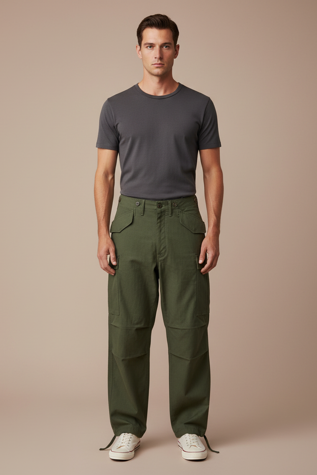 Pantalon Cargo Vert Militaire Ample Coton Sateen Homme - Kaki