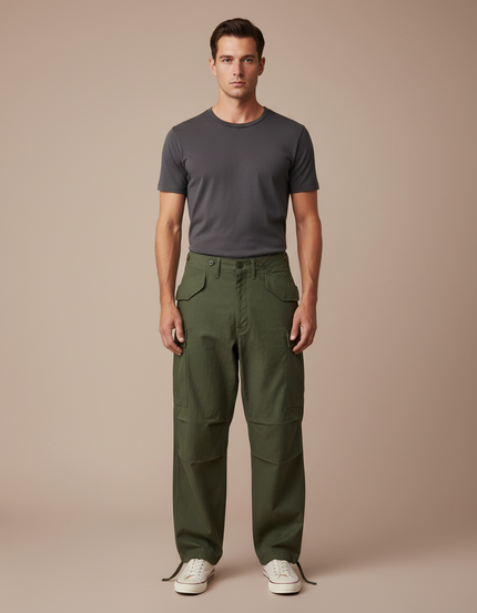 Pantalon Cargo Vert Militaire Ample Coton Sateen Homme - Kaki