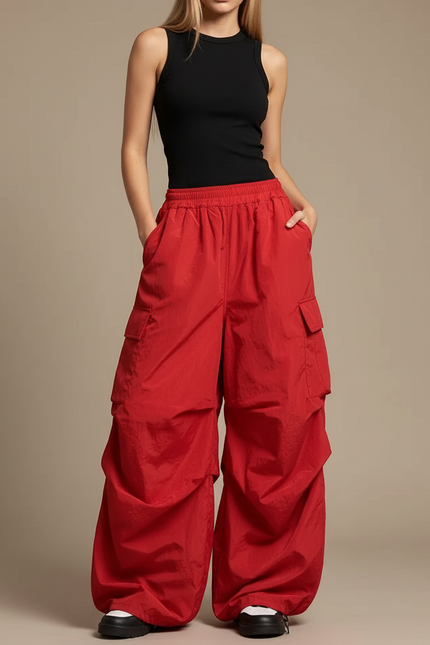 Pantalon Cargo Rouge Ample Fluide Streetwear Femme - Polyester