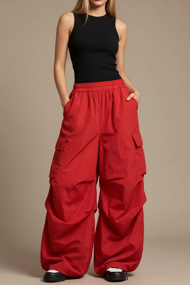 Pantalon Cargo Rouge Ample Fluide Streetwear Femme - Polyester
