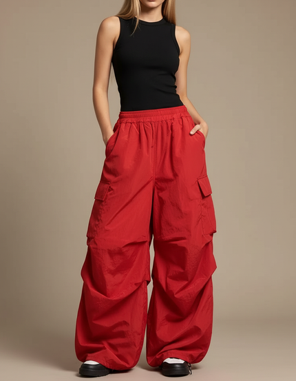 Pantalon Cargo Rouge Ample Fluide Streetwear Femme - Polyester