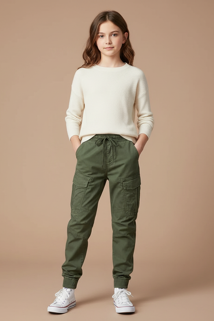 Pantalon Cargo Vert Militaire Coton Multipoches Enfant - Kaki
