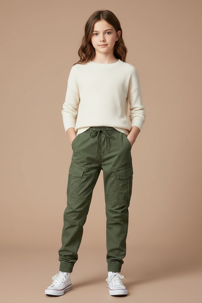 Pantalon Cargo Vert Militaire Coton Multipoches Enfant - Kaki