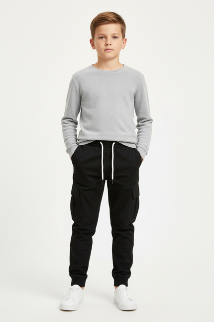 Pantalon Cargo Noir Coton Jogging Confortable Garçon