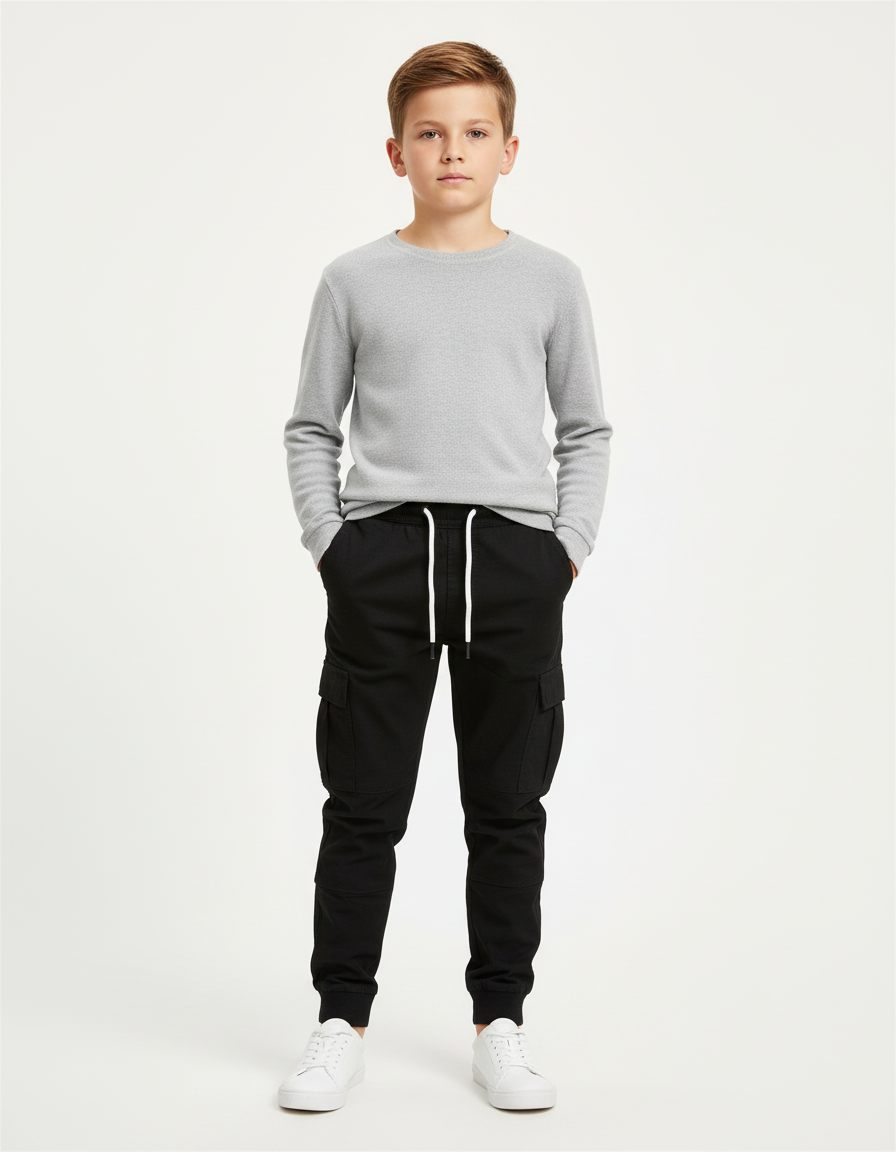 Pantalon Cargo Noir Coton Jogging Confortable Garçon