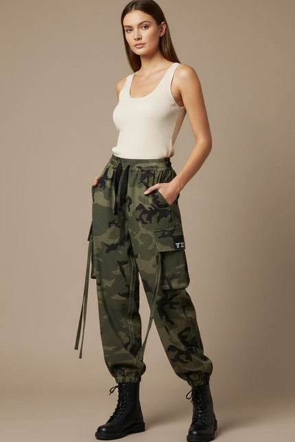 Pantalon Cargo Camouflage Vert Ample Militaire Femme - Molleton
