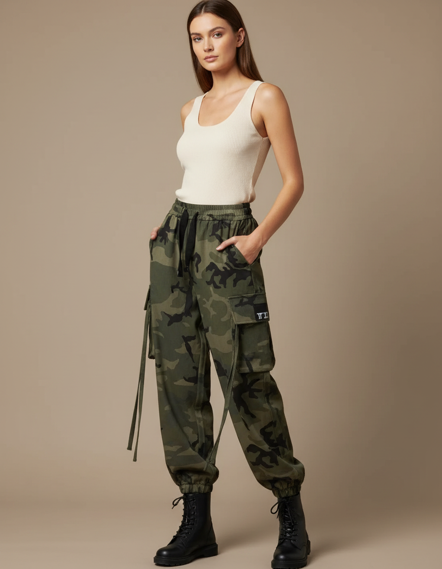 Pantalon Cargo Camouflage Vert Ample Militaire Femme - Molleton