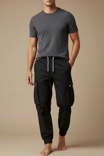 Pantalon Cargo Noir Cordon Ample Poches Homme - Polyester