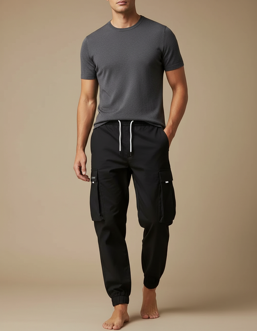 Pantalon Cargo Noir Cordon Ample Poches Homme - Polyester