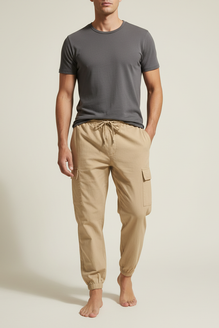 Pantalon Cargo Beige Léger Coton Multipoches Décontracté