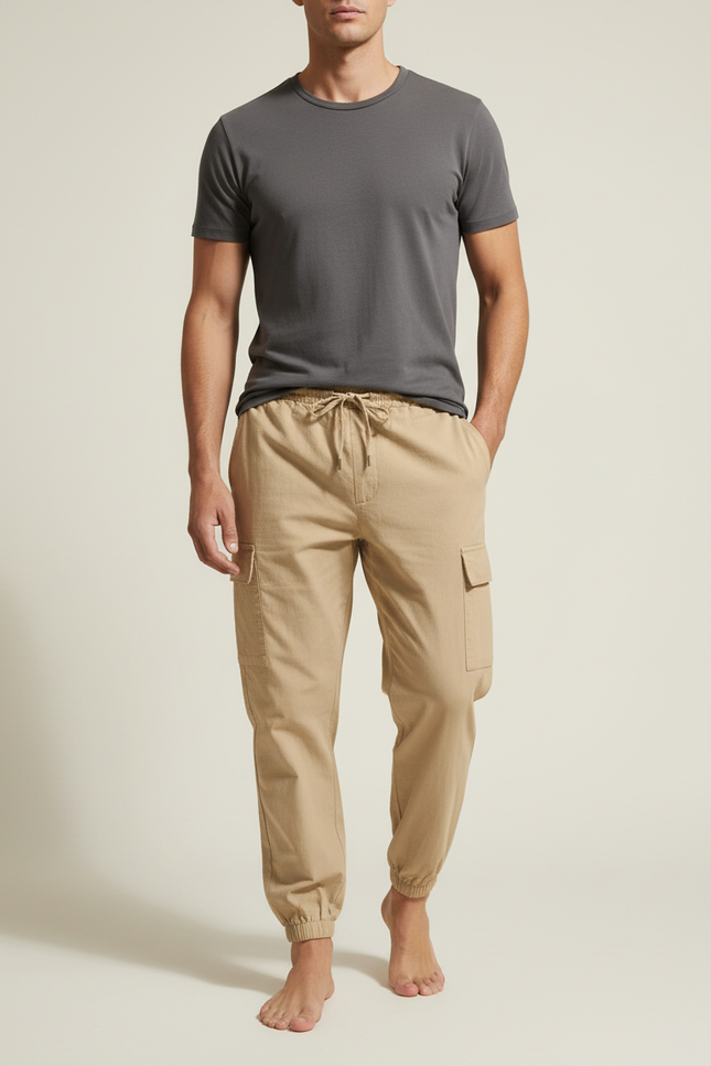 Pantalon Cargo Beige Léger Coton Multipoches Décontracté